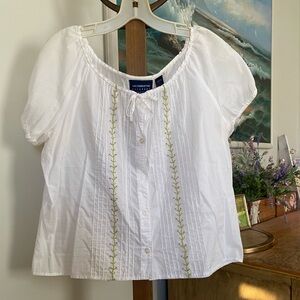 Vintage Liz Claiborne Sport 100% cotton floral embroidery white flowy shirt